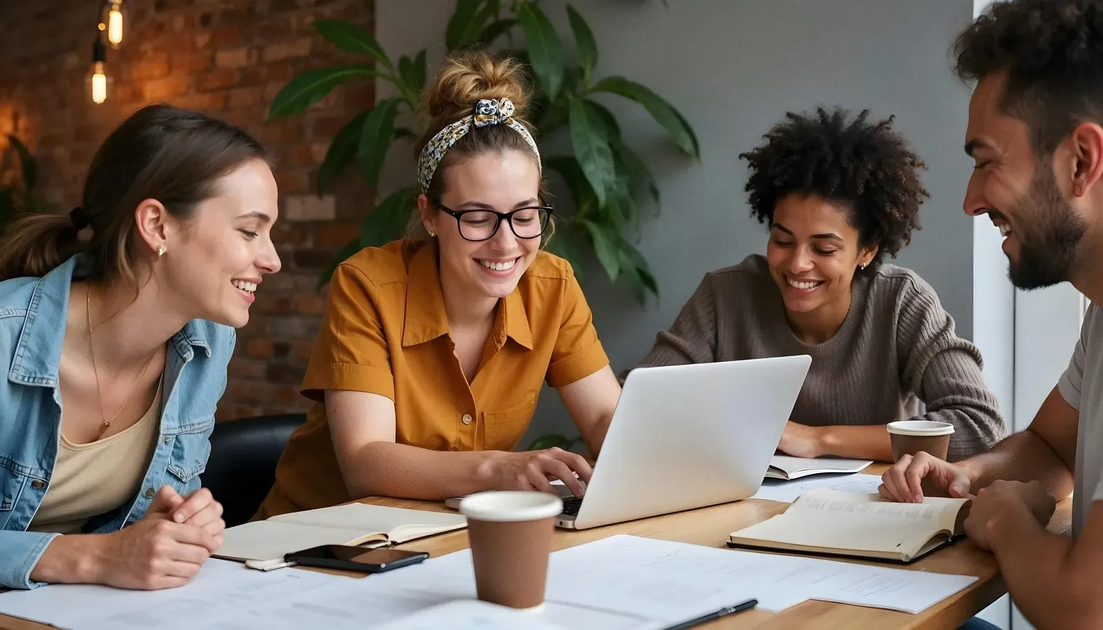 Cuatro personas alrededor de una laptop en un espacio de trabajo luminoso, sonriendo y compartiendo apuntes.