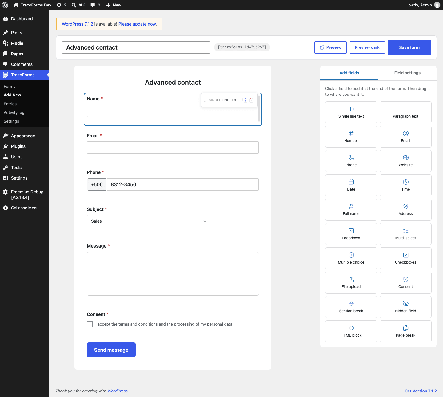 The form builder with an Advanced Contact form open: the live canvas on the left, the field picker on the right.