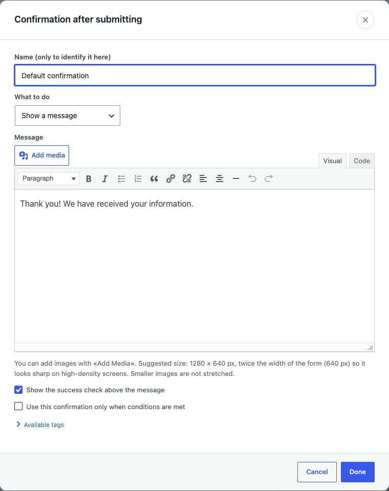 The confirmation editing window, set to show a thank-you message after submission.