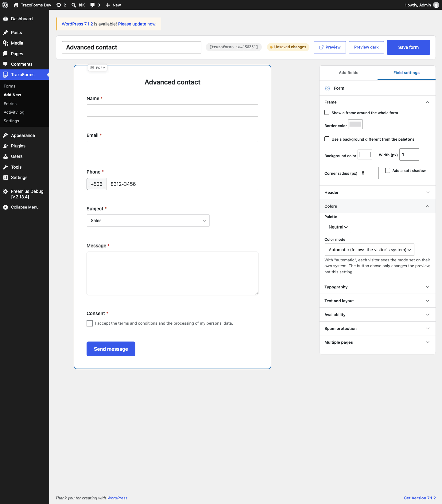 The form’s color settings, with the Neutral palette selected and automatic light/dark mode.