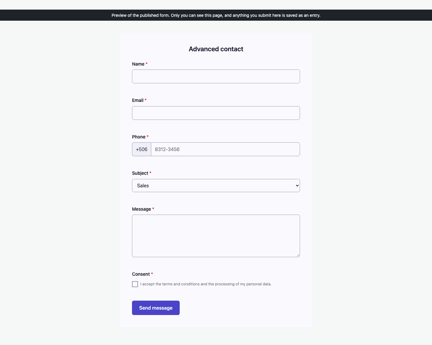The same published form rendered with the Indigo palette, for comparison.
