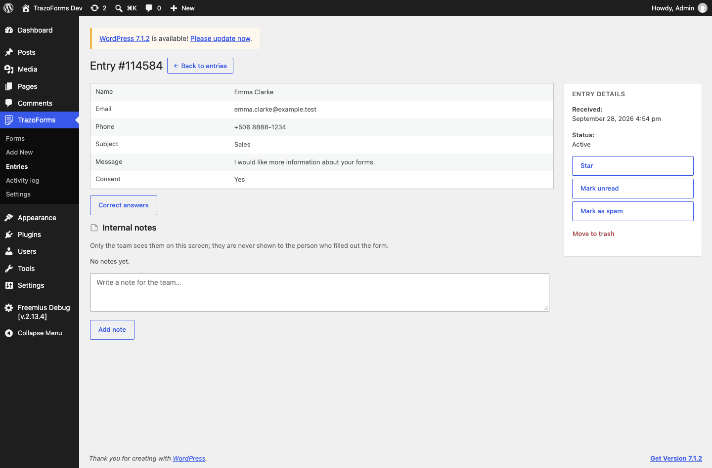 The detail view of a single entry, with its answers, status, and the internal notes box.