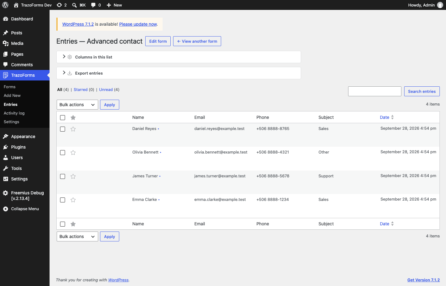 The entries list for one form, with four sample entries and the search/status filters visible.