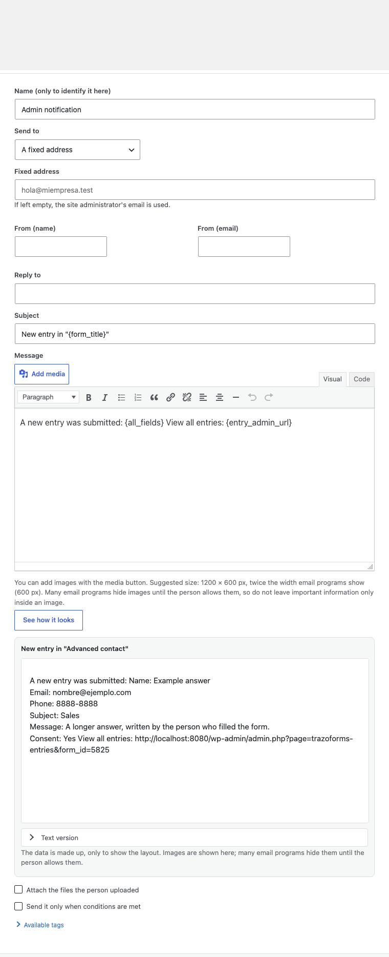 The same notification window scrolled down to its live preview, rendered with made-up sample data.