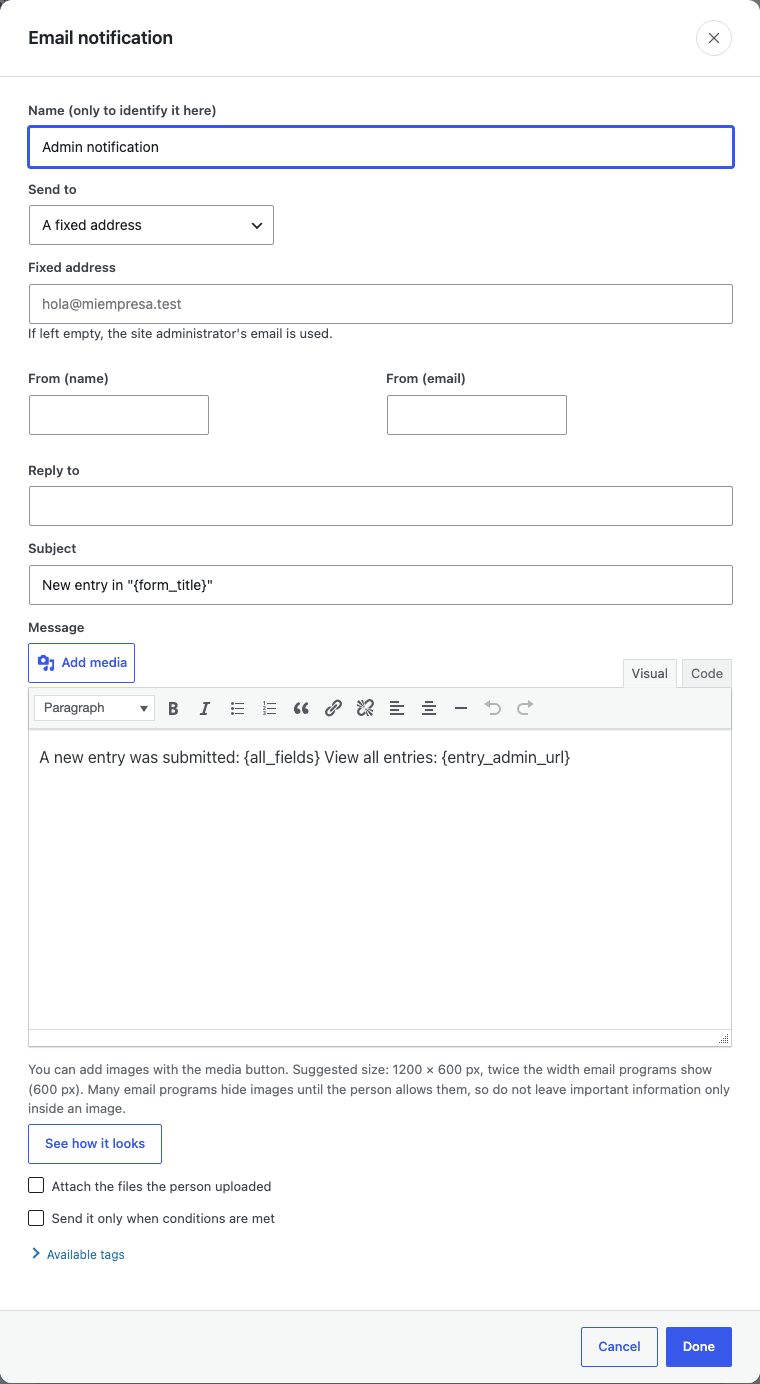 The admin notification editing window: recipient, subject and message fields.