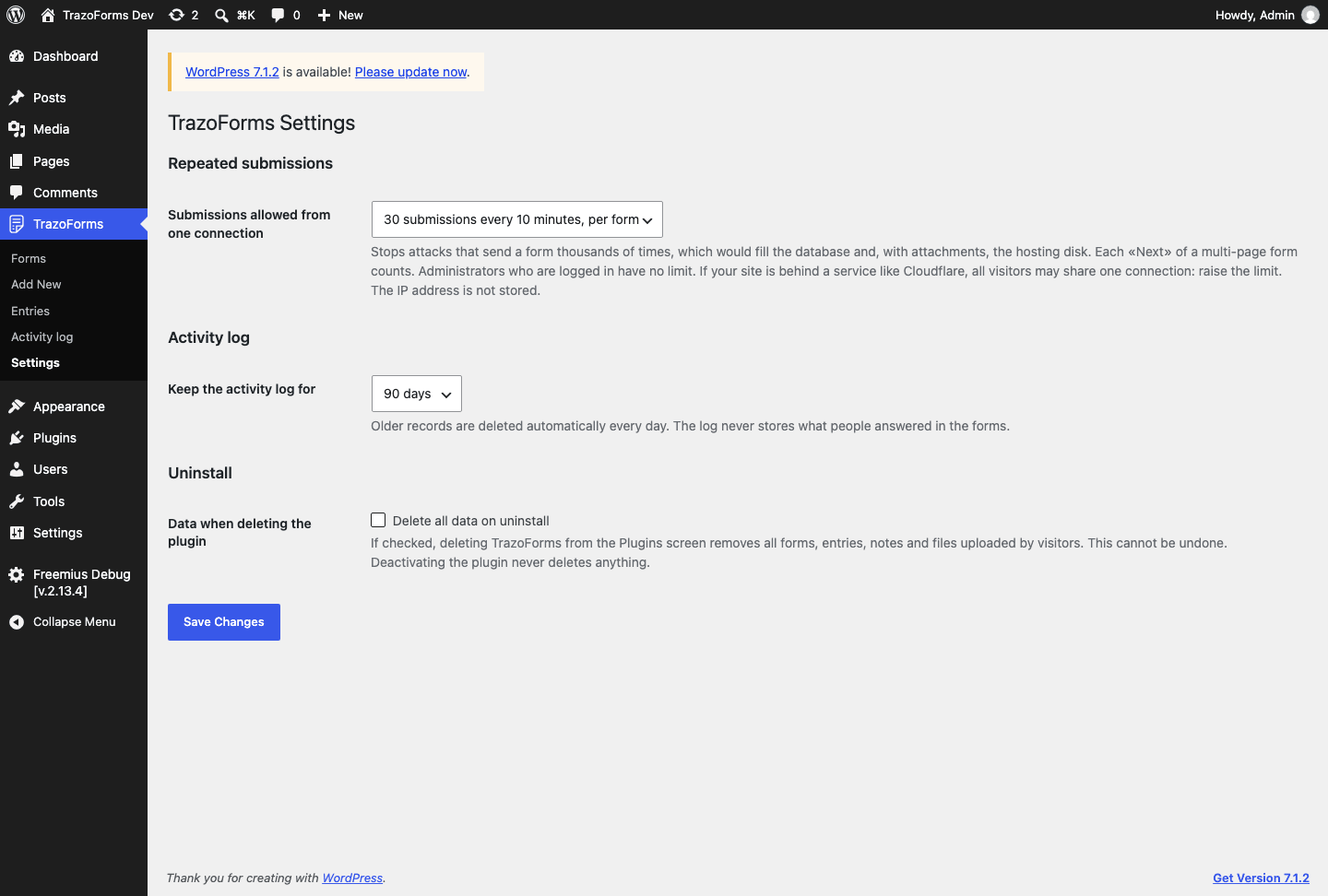 The plugin-wide Settings screen: rate limit, activity log retention, and the uninstall option.