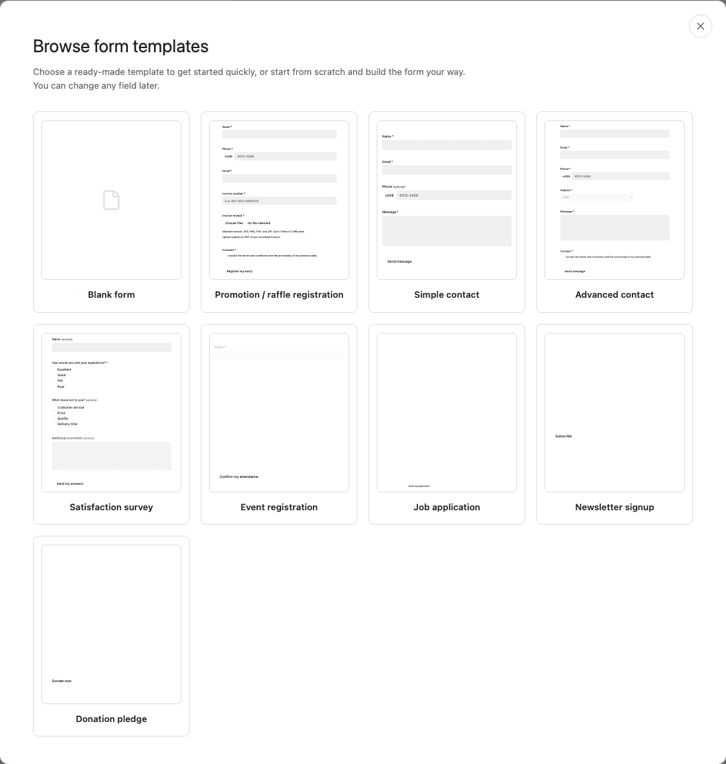 The template picker, showing thumbnails for all nine ready-made forms plus a blank form.